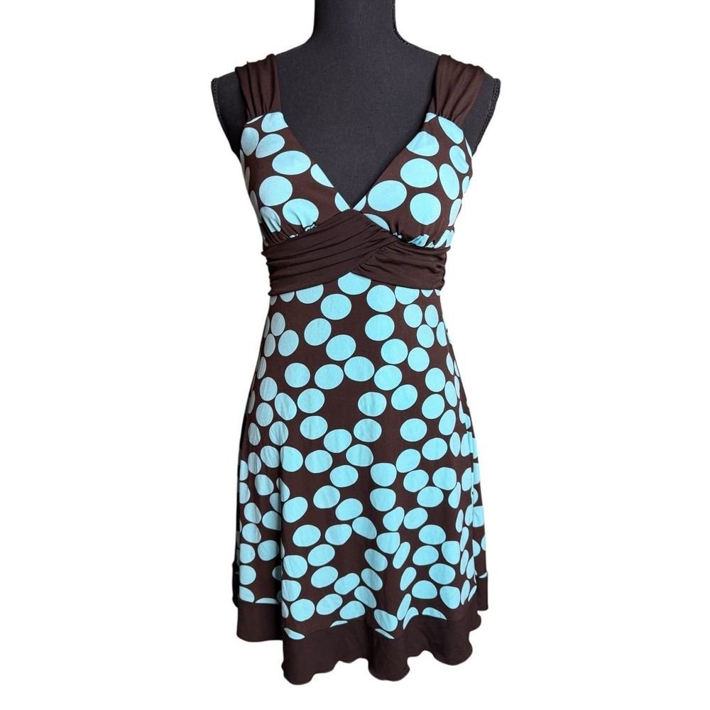 Y2K Speechless Babydoll Dress Sz S Blue Circles Brown Background Tie Back